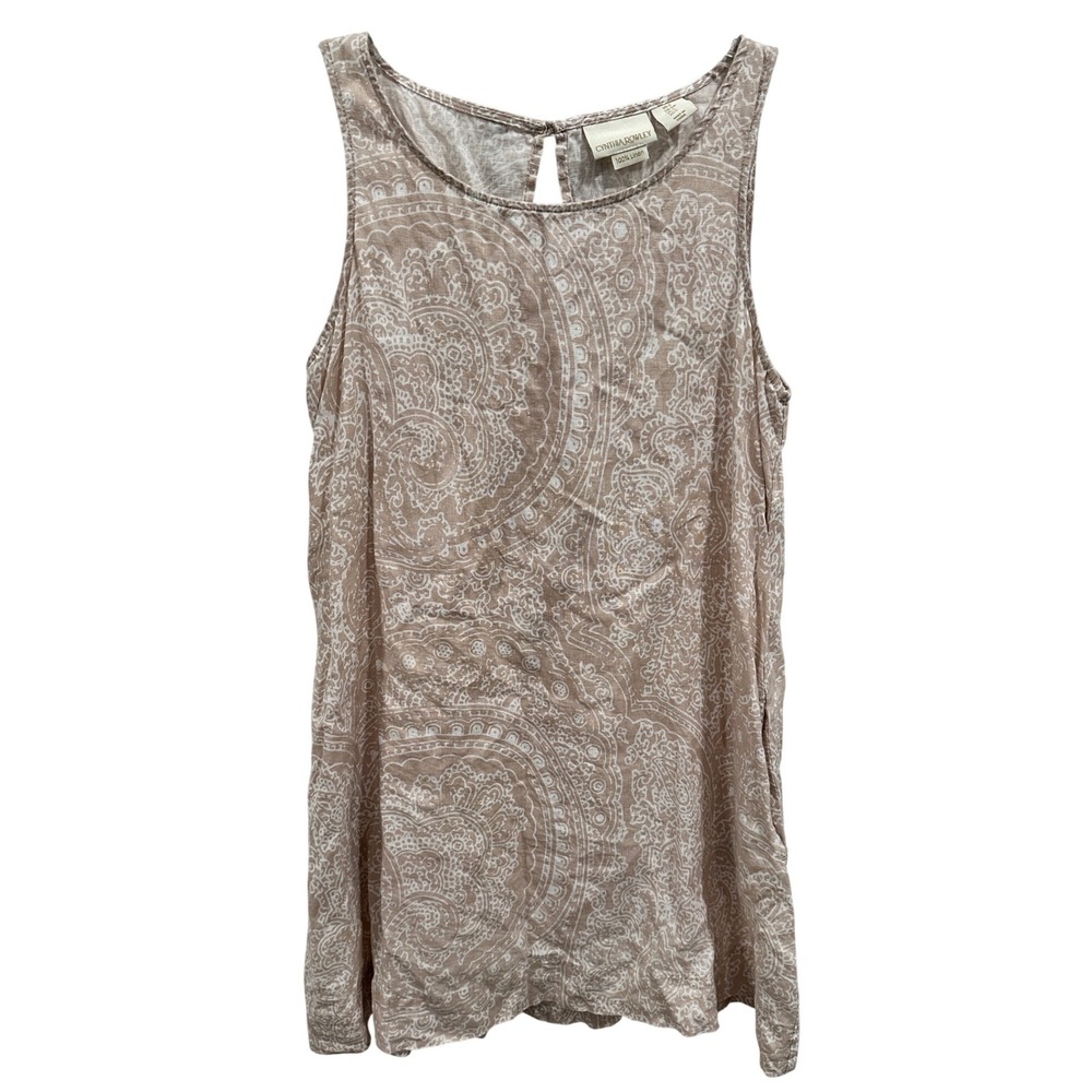 Cynthia Rowley Linen Tank Dress Womens Small‎ Tan White Paisley Sleeveless